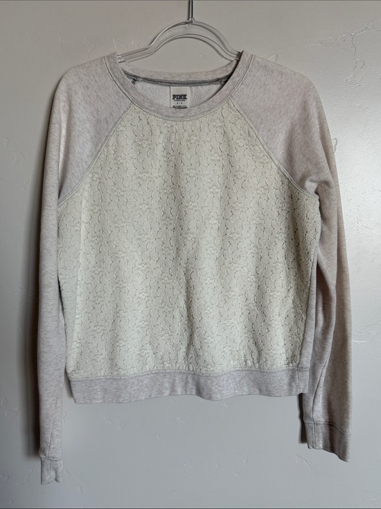 PINK Victoria's Secret Sweaters - PINK Victoria's Secret Cream Lace-Front Crewneck Sweater